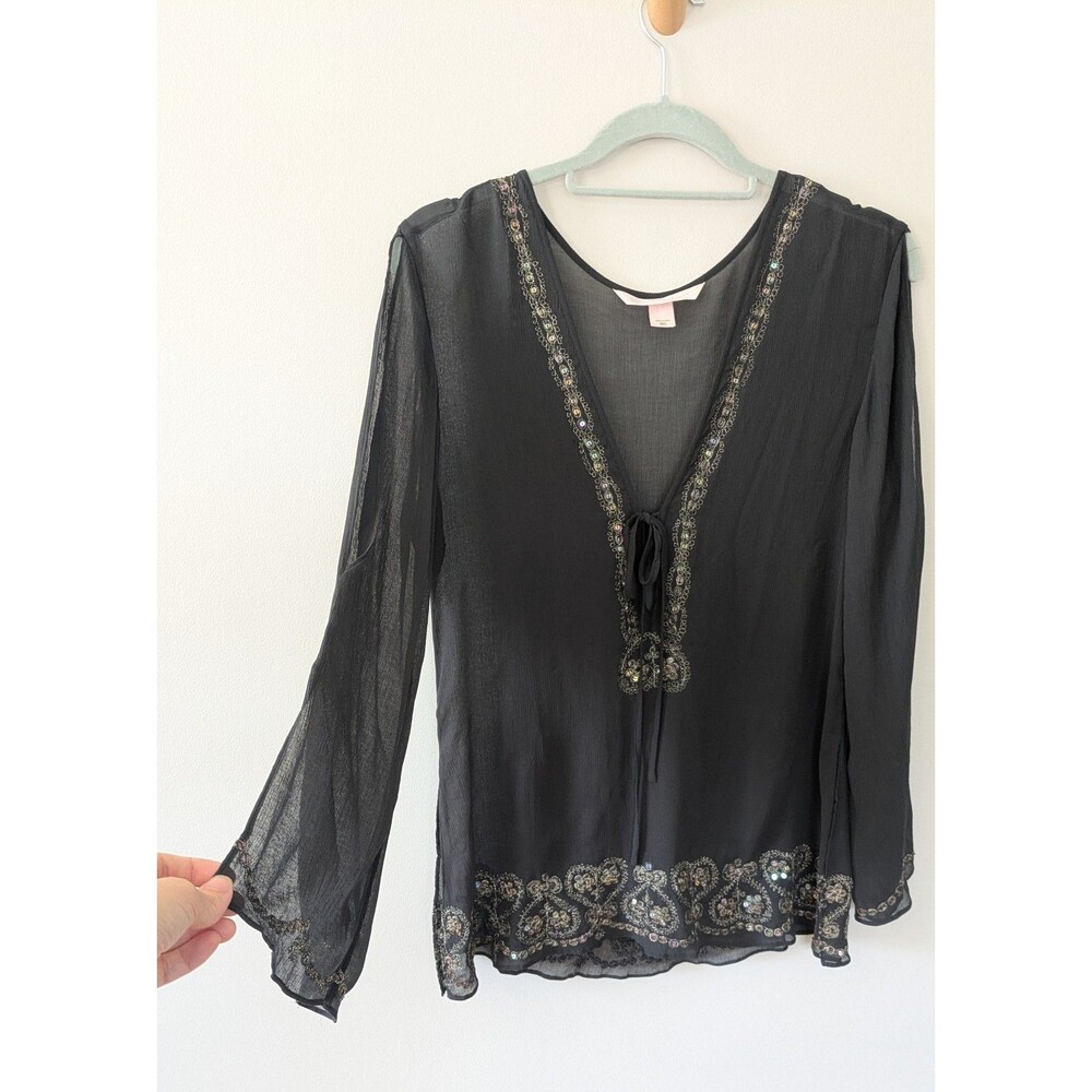 Victorias Secret Sheer Whimsigoth Layering Top M/L Embroidered Sequins Black